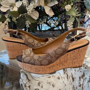 Coach Signature Canvas Cork Wedge Sandals Size 8.5B